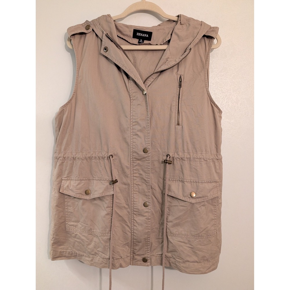 Zenana Women Tan Khaki Cotton Hooded Utility Vest XL QJ-2448AB